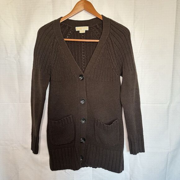 Michael Kors Small  V Neck long brown cardigan with pockets - Picture 1 of 6